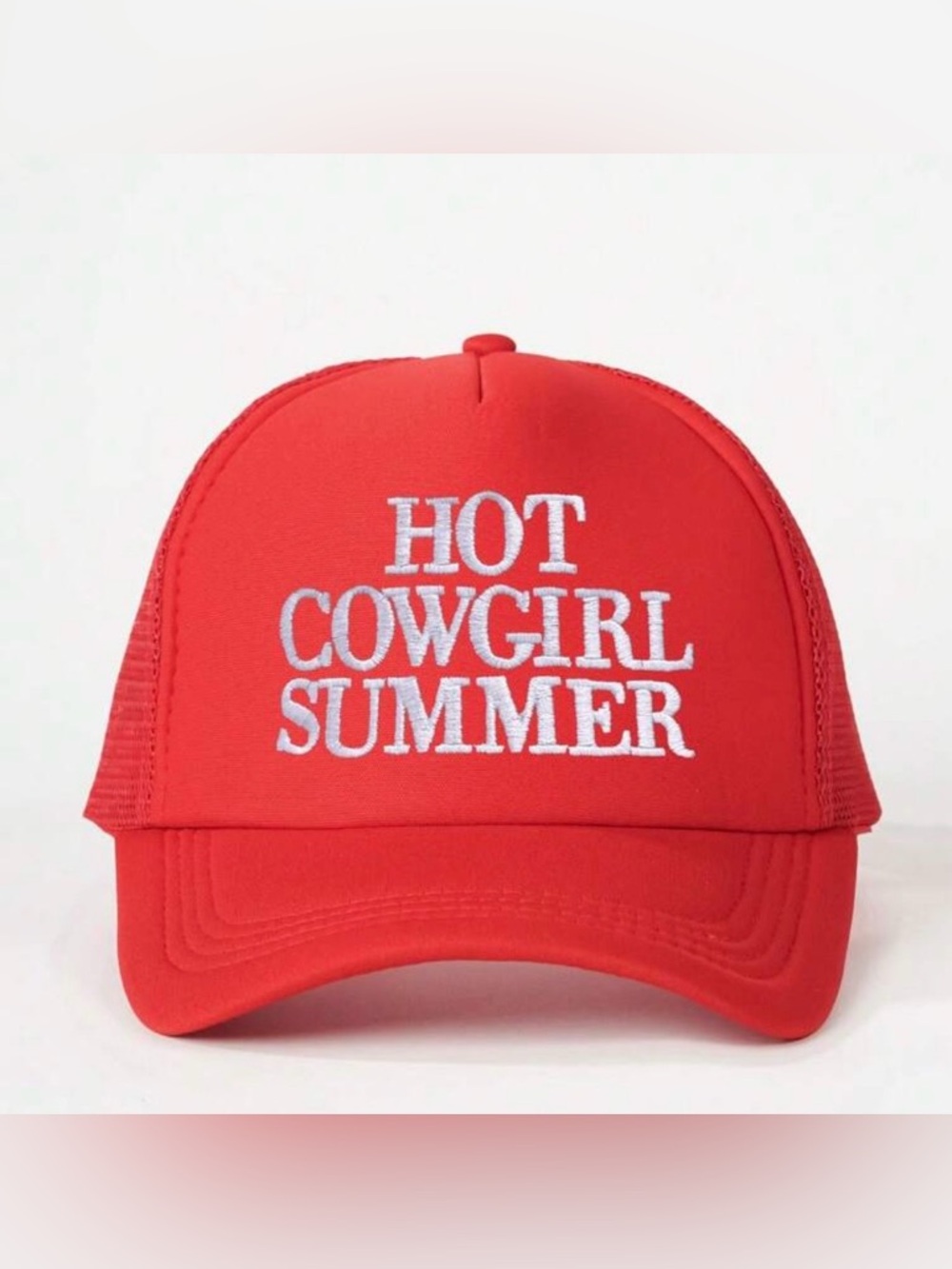 Fashion Nova Red Trucker Hat with "HOT COWGIRL SUMMER" Embroidery